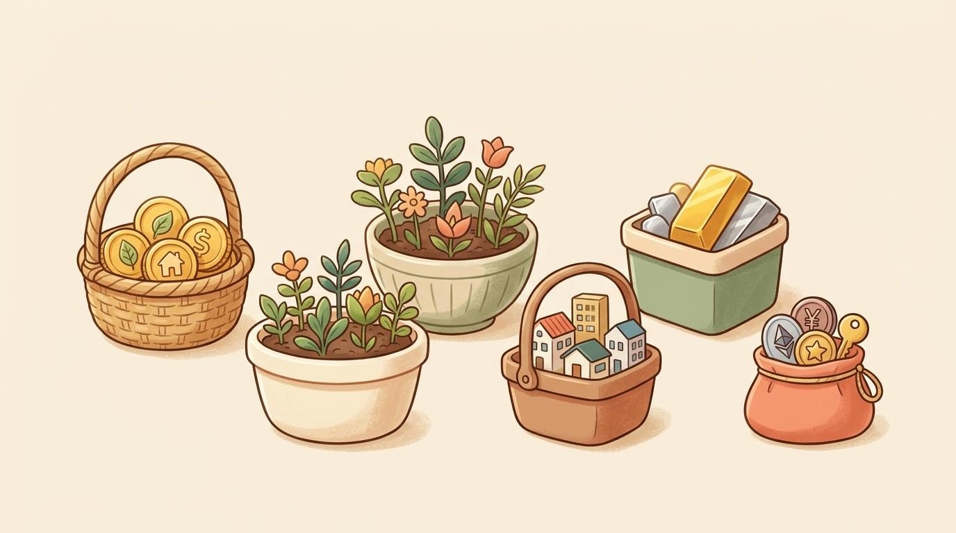 Ilustrasi langkah diversifikasi investasi yang sehat dengan beberapa keranjang